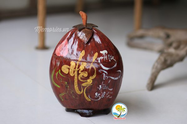 Vỏ Giữ Ấm Bình Trà Trái Dừa Khắc Chữ Thư Pháp - Quà tặng trang trí handmade - Decor Craft Gifts Shop