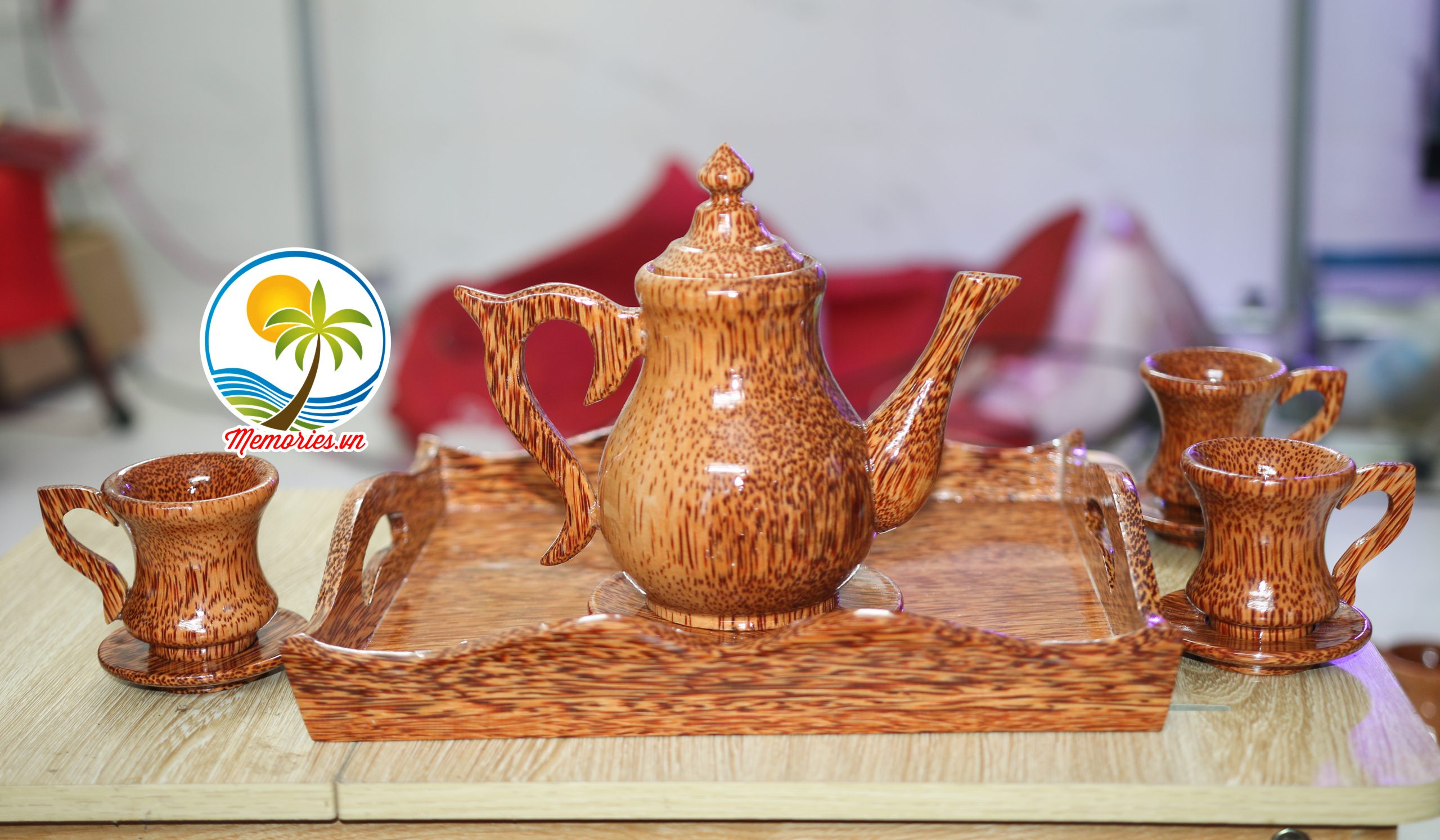 Bộ Bình Trà Cổ Cao Bằng Gỗ Dừa - Gồm ấm trà, đĩa lót, ly tách, khay đựng - Quà tặng handmade, thủ công mỹ nghệ