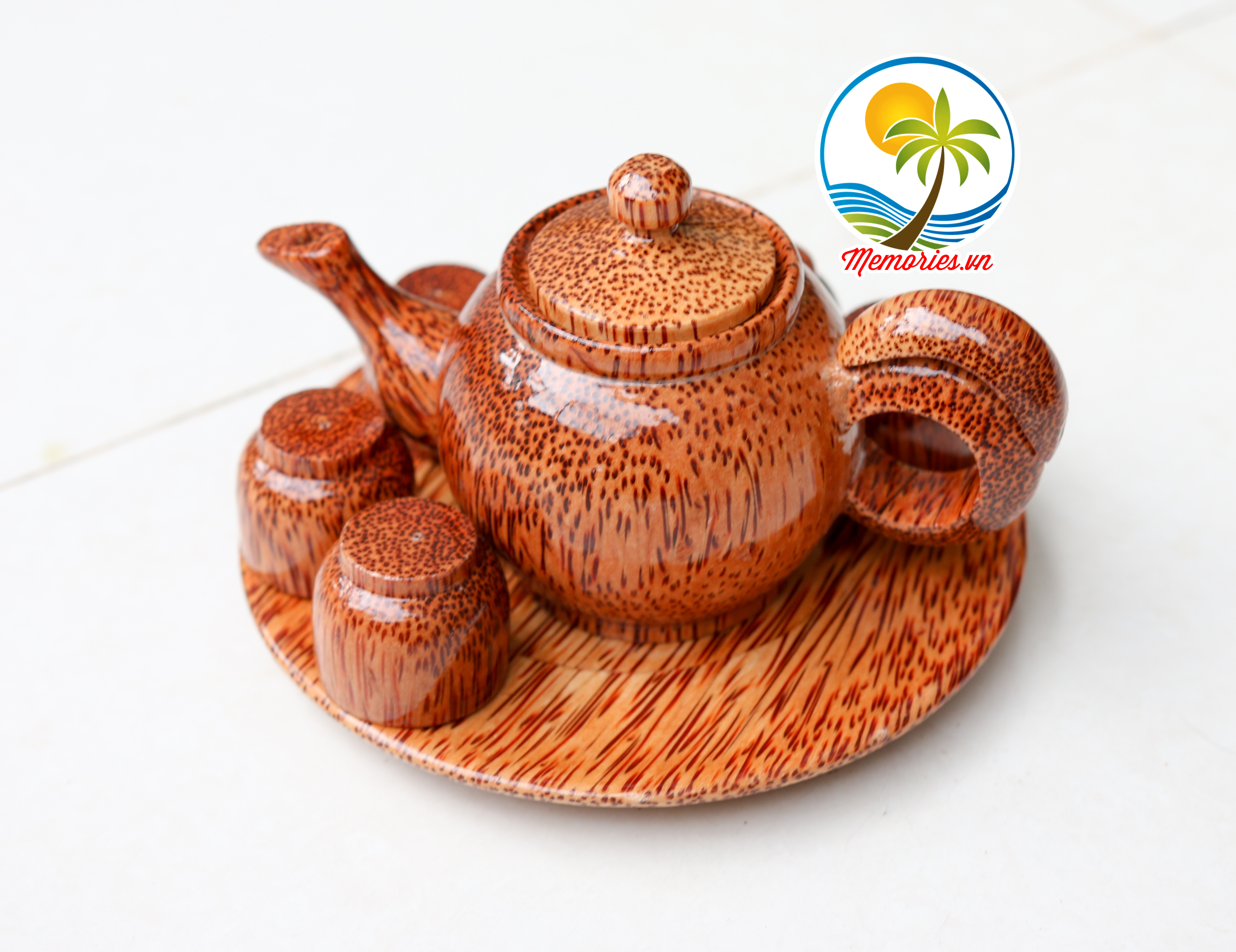 Bộ Bình Trà Bằng Gỗ Dừa Khay Hình Tròn - Gồm 1 ấm trà, 1 đĩa hình tròn, 6 ly tách - Quà tặng lễ Tết / trang trí handmade - Decor Craft Gifts Shop